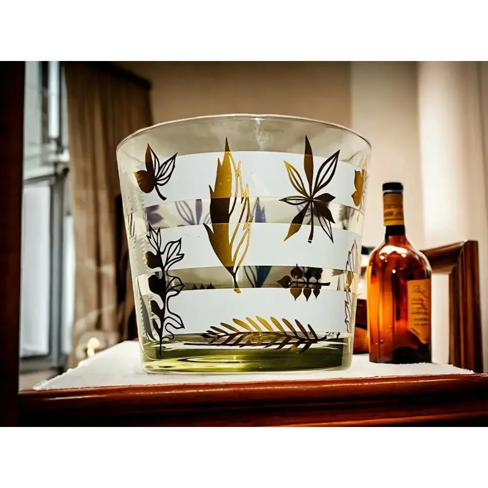 Vintage Glass Ice Bucket-Midcentury Leaf-Barware-Fall Decor-Retro Cocktail-Gold